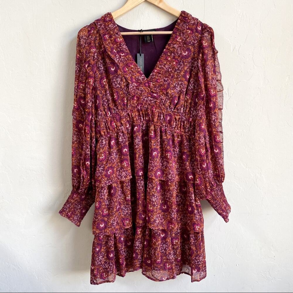 NWT House of Harlow 1960 Metallic Maroon Floral Long Sleeve Tiered Mini Dress 8